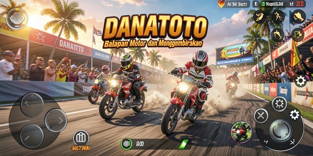Screenshot gameplay menampilkan aksi balapan motor yang seru.