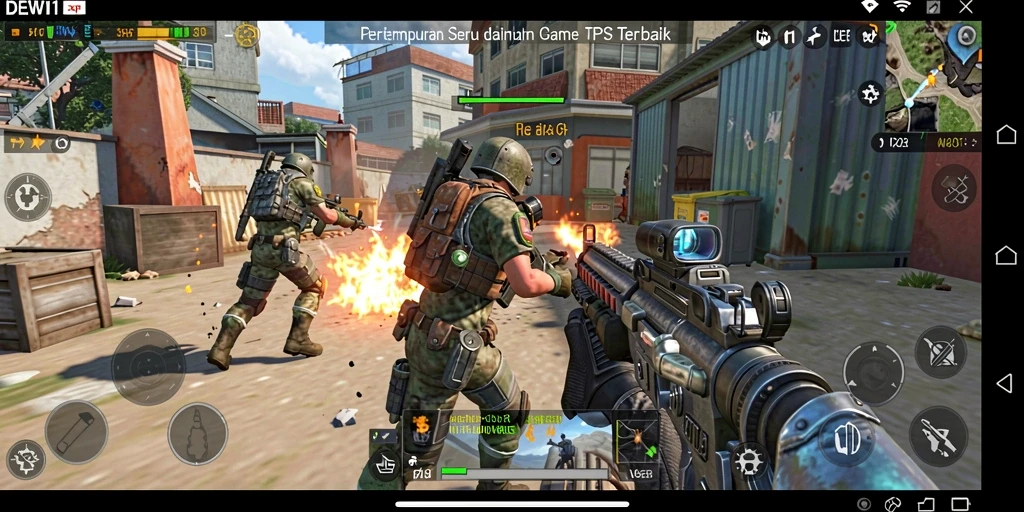 Screenshot gameplay DEWI11 yang menunjukkan pertempuran intens di arena TPS.