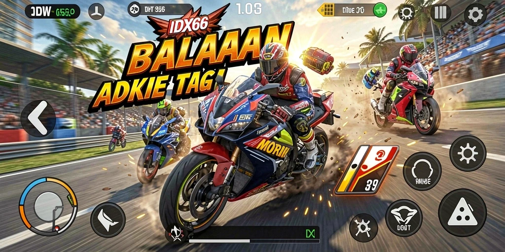 Tampilan gameplay IDX66 dengan aksi balapan motor yang mendebarkan.