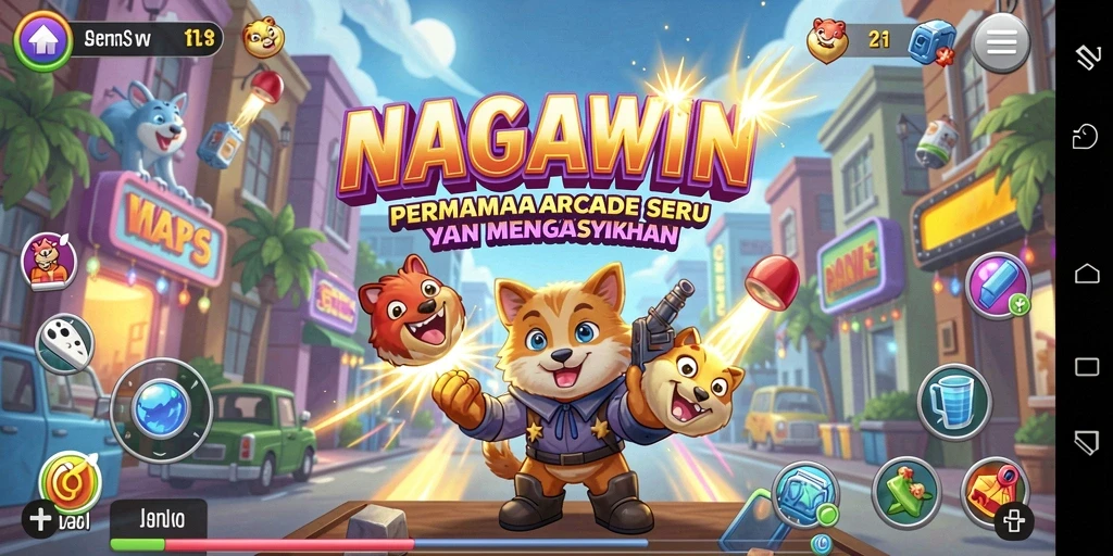 Tampilan seru gameplay Arcade NAGAWIN dengan karakter dan rintangan menarik.