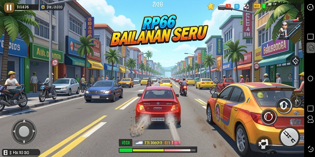 Gambar gameplay RP66 dengan mobil balap melaju cepat di trek.