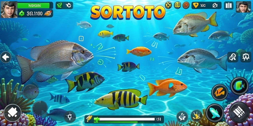 Screenshot gameplay SORTOTO menampilkan aksi menembak ikan yang seru.